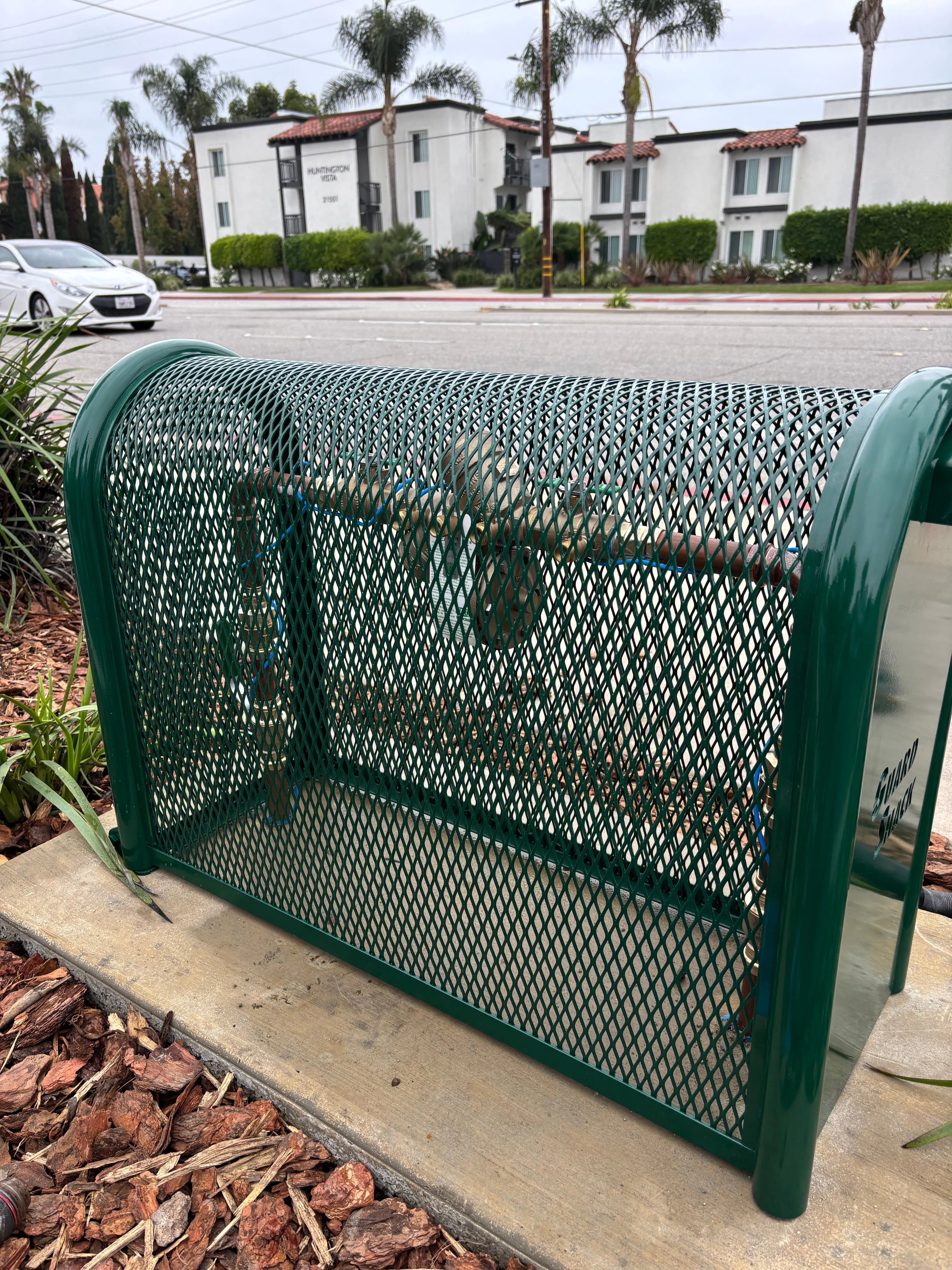 Green expanded-metal cage protecting an exterior backflow assembly